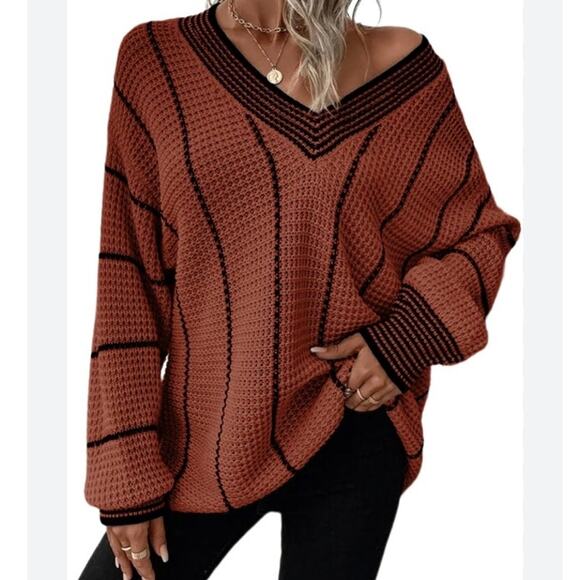 Dokotoo Sweater Cinnamon waffle knit with black stripes 
Size Small NWT - Picture 1 of 8